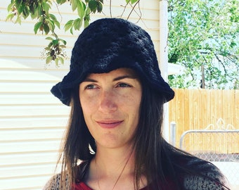 Crochet Granny square Hat - Bucket Hat - Black hat