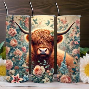 Highland Cow Tumbler Wrap 20 oz Skinny Tumbler Sublimation Design Digital Download Instant Download Tumbler Wrap Png Floral Tumbler Wrap