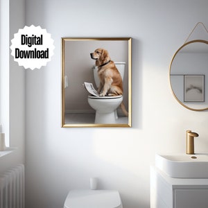 Funny Dog on Toilet Wall Art Digital Download Dog Printable Animal Art for Wall Bathroom Decor Dorm Wall Decor Funny Pet Bathroom Wall Art