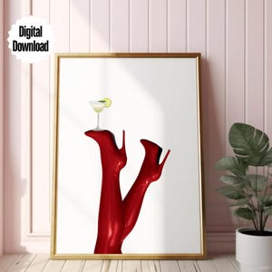Bottoms Up Kunstdruck Roter Stiefel Martini Wand Kunst Druck Bar Cart Art NYC Aesthetic Martini Kunstdruck Digitaler Download Roter Druck Oberschenkel Hoch Stiefel
