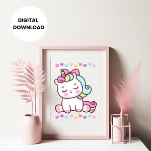Unicorn Wall Art Printable Digital Art for Nursery Room Decor Unicorn Art Colorful Hearts Pink Rainbow Colors Pastel Girl Room Decor Kawaii