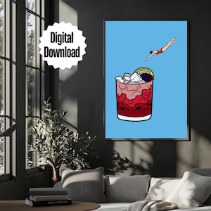 Fun Bar Cart Art Print Digital Wall Art Retro Diving Into Cocktail Wall Art Printable Wall Art for College Dorm Wall Art Alcoholic Drink