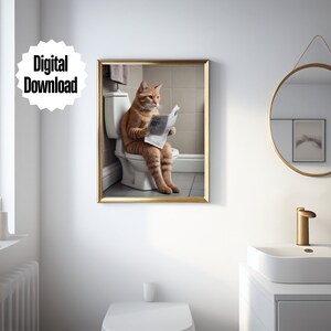 Cat Sitting on the Toilet Reading a Newspaper Wall Art Printable Digital Download Funny Bathroom Wall Decor Funny Animal Print Home Art