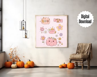 Estetyczna różowa sztuka ścienna na Halloween do pobrania w wersji cyfrowej Halloween do wydrukowania na ścianę do dekoracji ściennej Wystrój domu Wydruk cyfrowy Upiorna sztuka ścienna Słodka