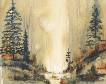 Original Watercolor Misty Forest