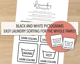 Wäsche Piktogramme zum Ausdrucken - Sortierkarten in Dunklen Farben | Black & White Labels für die Waschküche