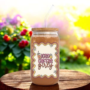 Iced Coffee Girly 16oz Glass Can | Coffee Lover Gift | Iced Coffee | Starbucks | Cosy Coffee | Girly | Trendy Coffee Cup | Gift for her