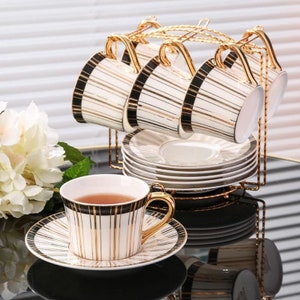 Luxe keramische koffiekopjes en schotels|Delicate afternoonteasetje|Theekransje|Theekopjes met bloemen|Vintage theeservies|Servies