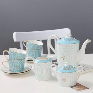 European Ceramic Coffee Set: Blue Circle Tea Party Set