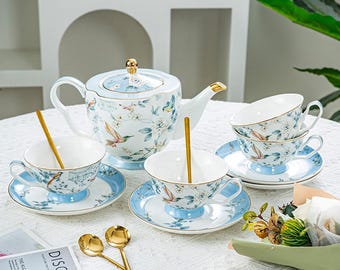 Ręcznie robiony ceramiczny zestaw do herbaty Blue Bird: filiżanki do kawy i spodki