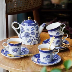 Service à thé en porcelaine bleue et blanche : tasses à café européennes rétro en céramique
