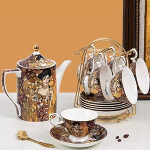 Hand-Painted Ceramic Coffee Set: Gold-Rimmed Oil Painting Style