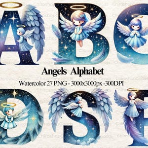 May include: Watercolor alphabet letters A, B, D, S, and P with a celestial background. Each letter features a cute angel with wings and a halo. The letters are in a blue, white, and purple color scheme.