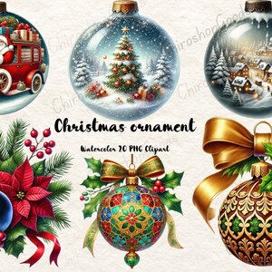 Watercolor Christmas Ornament Clipart: Festive Holiday Decorations (Digital Download)