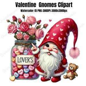 Valentine Gnome Watercolor Clipart: Love Themed PNG Designs (Digital Download)
