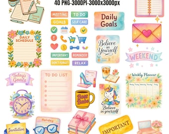 Watercolor Planner Clipart Bundle: Glam Stickers, Icons (PNG Digital Download)