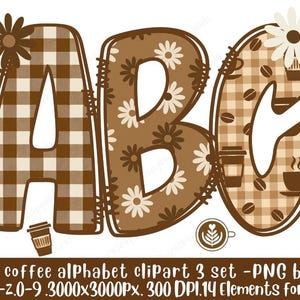 Coffee Alphabet Clipart PNG Bundle: Rustic Gingham Floral Letters (Digital Download)