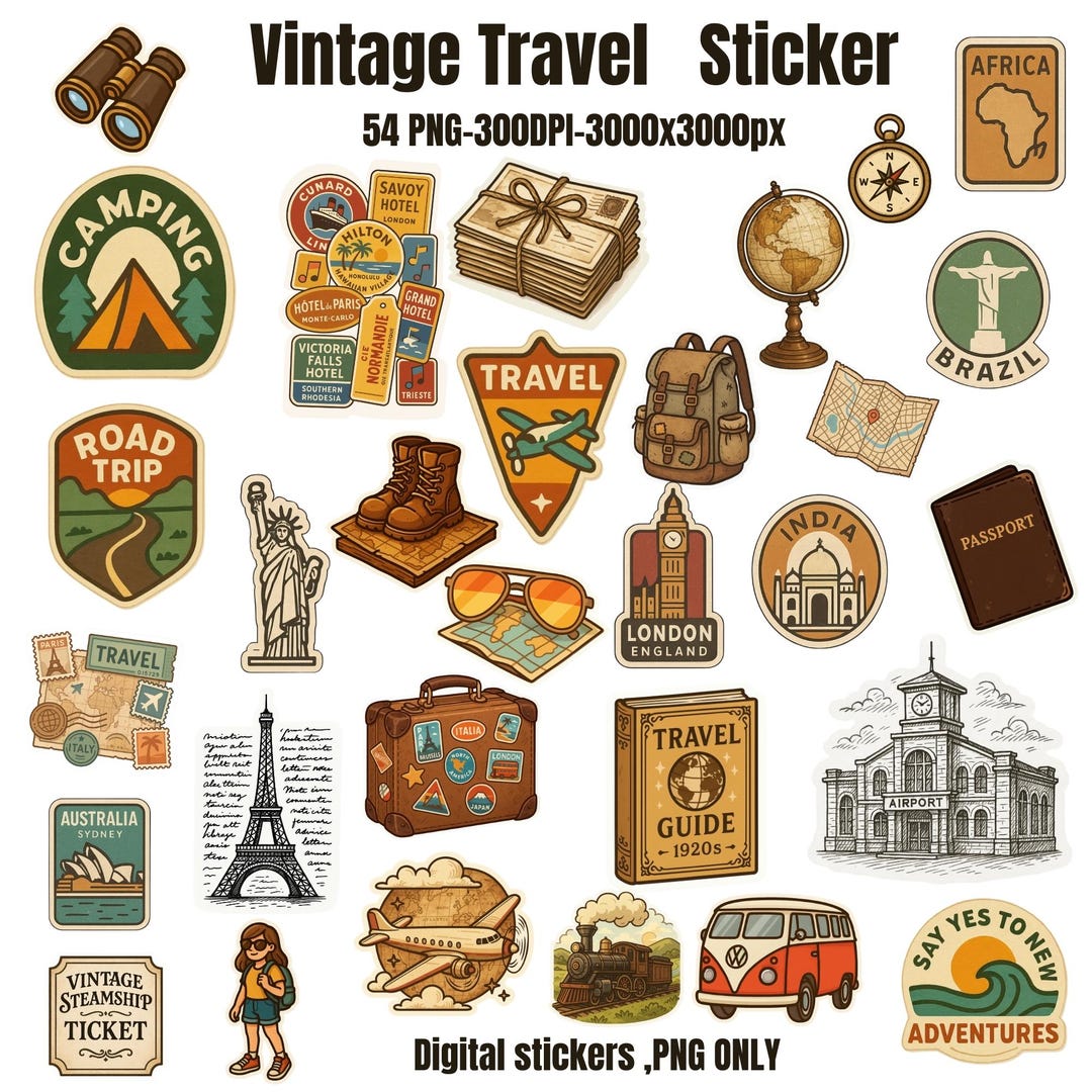 Vintage Travel Stickers: Retro Suitcase Clipart (digital PNG) - Etsy