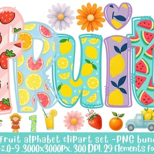 Conjunto de imágenes prediseñadas del alfabeto de frutas (PNG), 7 letras y números de frutas en acuarela, 3000 x 3000 px, 300 DPI, fuente de frutas imprimible, imágenes prediseñadas de verano