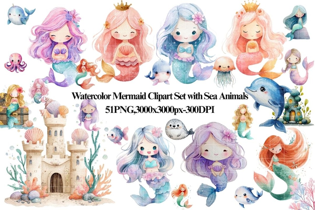 Watercolor Mermaid Clipart Set With Sea Animals, Under the Sea Party - Etsy