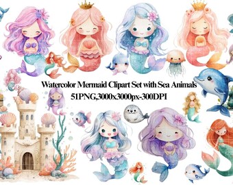 Watercolor Mermaid Clipart Set with Sea Animals, Under the Sea Party