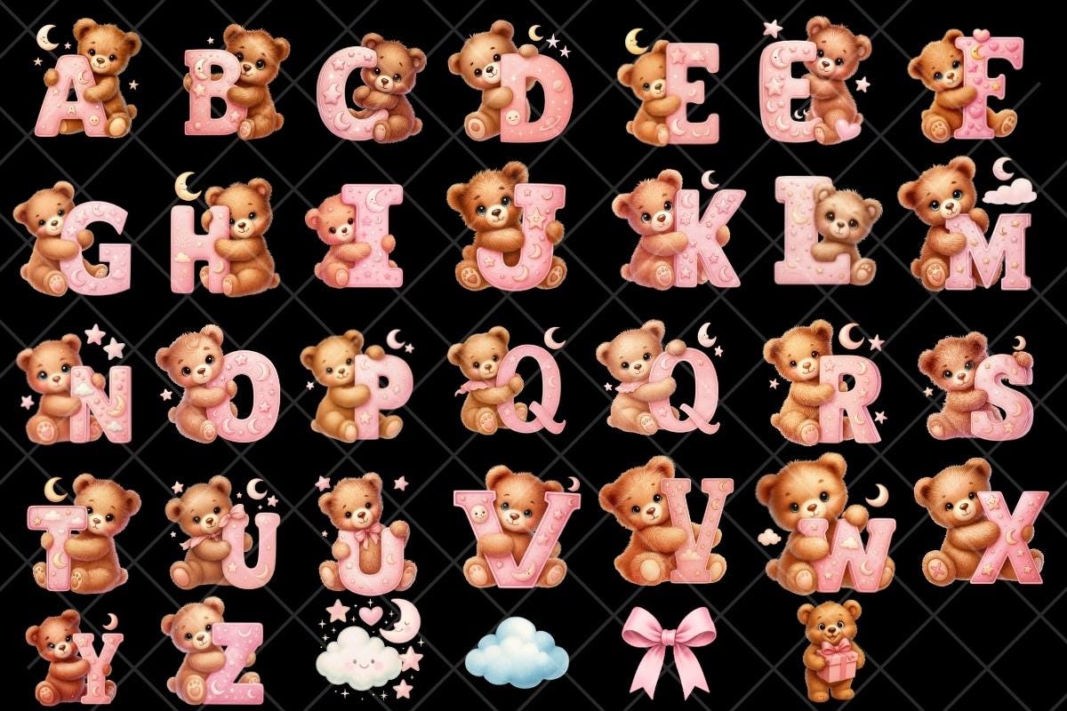 Pink Bear Alphabet PNG Clipart: Baby Girl Nursery Letters (digital ...