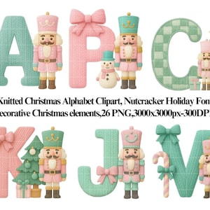 May include: Pastel knitted Christmas alphabet clipart featuring letters A, B, C, K, J, and V. Each letter is decorated with a nutcracker, bow, snowman, Christmas tree, and candy cane. The letters are in pastel colours.