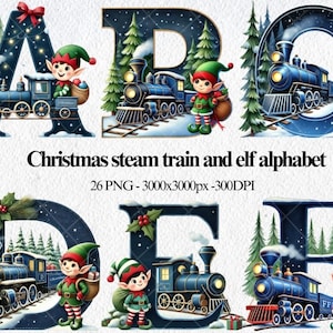 May include: A Christmas alphabet featuring letters A, B, D, and E. Each letter is decorated with a blue and white steam train and a Christmas elf. The letters are set against a snowy winter background with pine trees and twinkling lights.