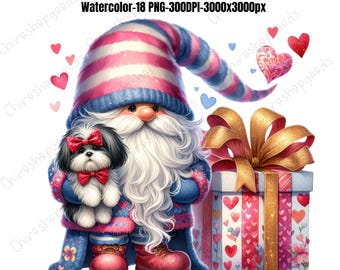 May include: A Valentine's Day gnome with a pink and blue striped hat, a white beard, and a blue sweater holds a small black and white dog with a red bow. The gnome is standing next to a pink and red gift box with a gold bow.