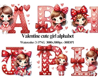 Valentijn meisje alfabet clipart, aquarel letters png (digitale download)