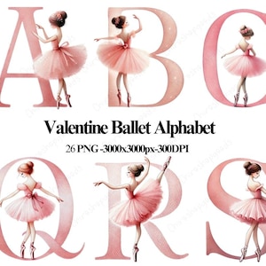 Alfabeto de ballet de San Valentín PNG, Letras prediseñadas de bailarina, Fuente de baile elegante, Alfabeto digital de tutú rosa, Letras románticas de sublimación