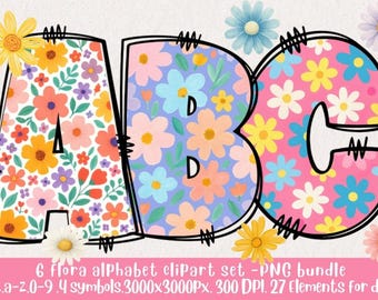 Pacchetto PNG Clipart con alfabeto floreale: lettere pastello, numeri, simboli (download digitale)