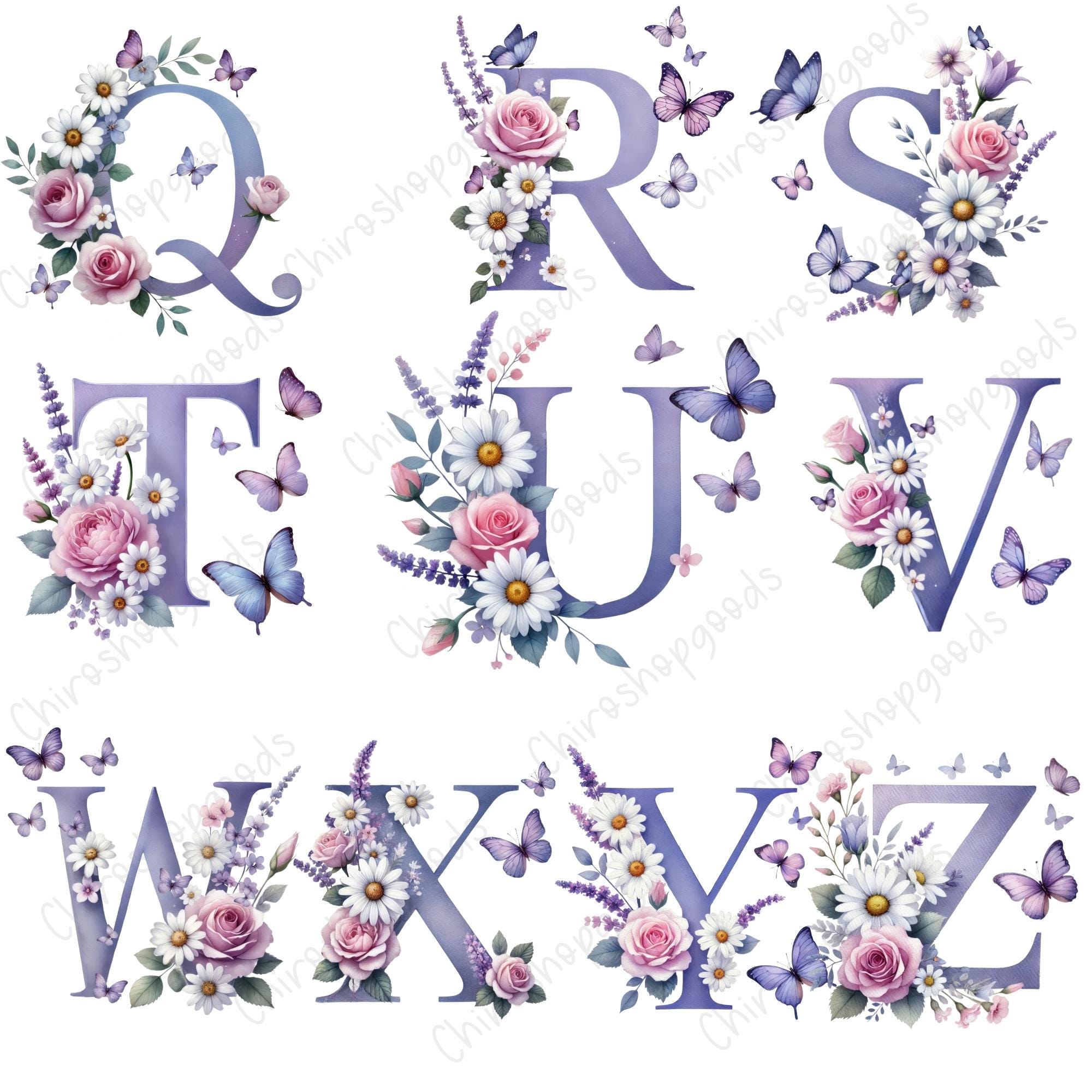 Watercolor Floral Alphabet Clipart: 26 PNG Letter Set (digital Download ...