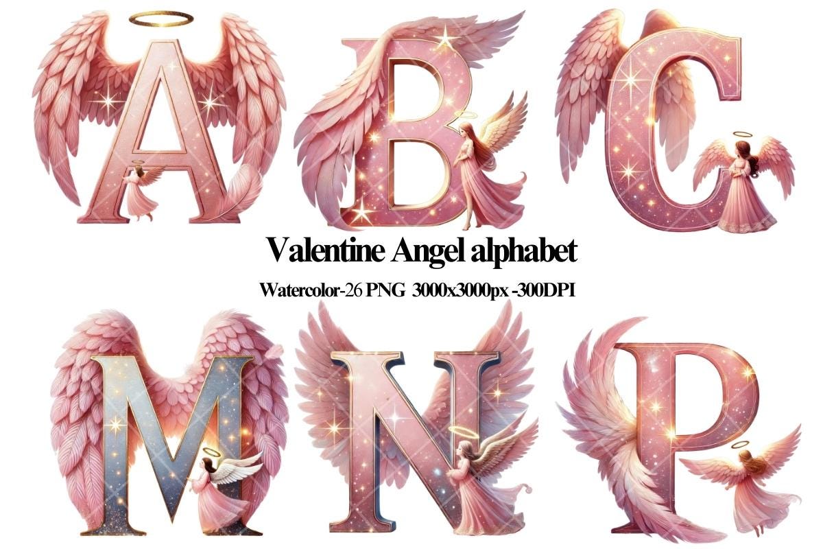 Watercolor Angel Alphabet Clipart: Valentine Pink Letters (digital PNG ...