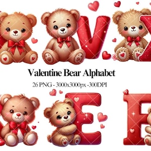 Alphabet ours de la Saint-Valentin, lettres ours, cliparts, lettres mignons ours en peluche - clipart amour romantique pour cartes, scrapbooking, travaux manuels, produits à imprimer