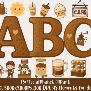 Coffee Alphabet Clipart Bundle: Cafe Letters PNG Set (Digital Download)
