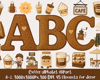 Paquete de imágenes prediseñadas del alfabeto de café: conjunto de letras PNG de café (descarga digital)