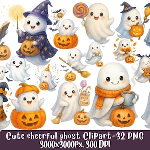 Cute Halloween Ghost Clipart Bundle | 32 PNG Cheerful Spooky Ghost Illustrations | Transparent Background | 300 DPI | Instant Download