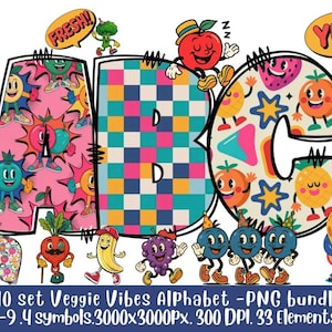 Veggie Vibes Alphabet PNG Bundle: A-Z Letters, Numbers, Symbols (Digital Download)