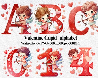 Watercolor Valentine Cupid Alphabet Clipart, 36 PNG Files (Digital Download)