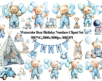 May include: Watercolor clipart set featuring teddy bears holding balloons and numbers 0-9, along with other illustrations like a car, rocket, and tent. The color palette includes shades of blue and brown, perfect for baby showers or birthday decorations.