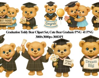 Graduation Teddy Bear Clipart Set,Graduate PNG, School Celebration Clipart, 300DPI