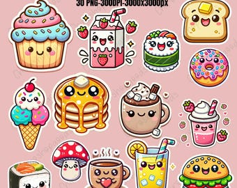 May include: A collection of colorful, cartoon-style food and drink stickers. Includes a cupcake, strawberry milk carton, sushi, toast, donut, ice cream cone, pancakes, hot chocolate, a drink with whipped cream, a mushroom, a cup of coffee, a glass of lemonade, and a hamburger.