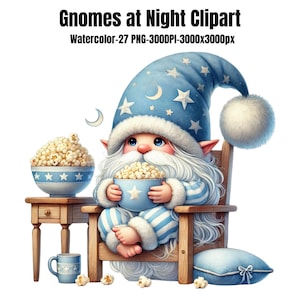 May include: A blue and white gnome wearing a nightcap sits in a wooden chair with a blue and white striped pajama top. The gnome is holding a bowl of popcorn and has a white beard. The gnome is sitting in front of a wooden table with a blue and white mug on it. There are popcorn kernels scattered on the floor.