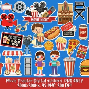 Movie Night Clipart: Cinema Snacks & Film Icons (49 PNG Digital Stickers)