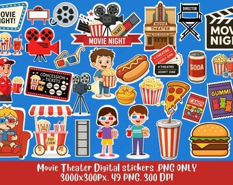 Movie Night Clipart: Cinema Snacks & Film Icons (49 PNG Digital Stickers)