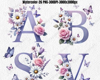 Watercolor Floral Alphabet Clipart: 26 PNG Letter Set (Digital Download)