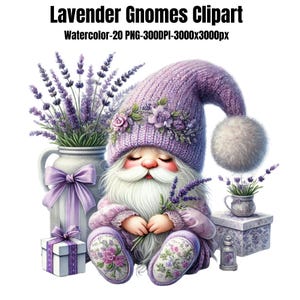 Watercolor Lavender Gnomes Clipart: Floral PNG Bundle (Digital Download)