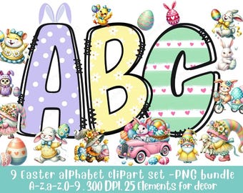 Paasalfabet Clipart PNG-bundel: Bunny & Egg Letters (digitale download)