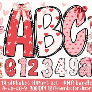 Conjunto de clipart de alfabeto de amor do dia dos namorados, letras fofas de rabisco PNG, letras digitais desenhadas à mão, fonte com padrão de coração, arquivos PNG de 300 DPI